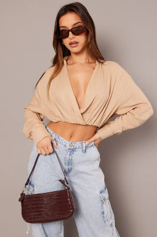 Beige Twist Front Cropped Relaxed Collared Shirt