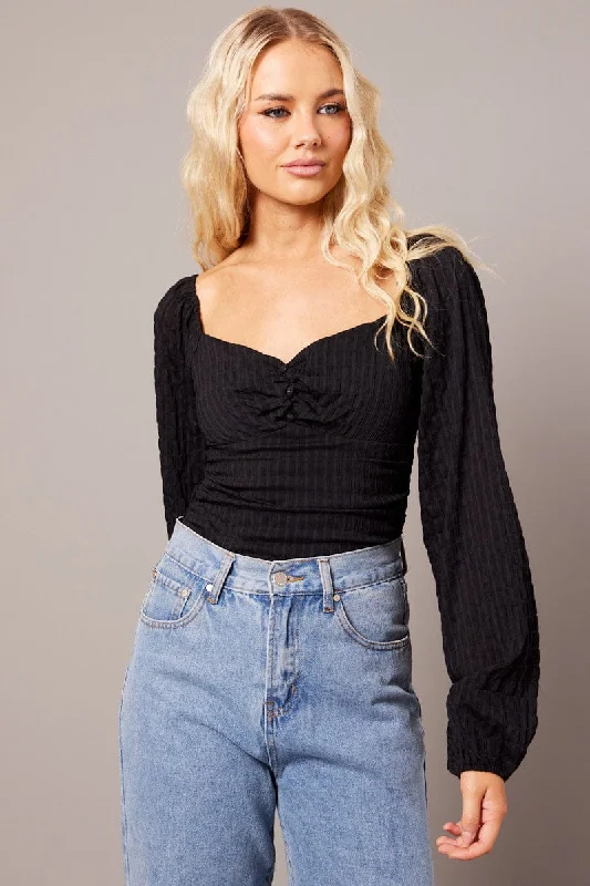 Black Bodysuit Long Sleeve Ruched Textured