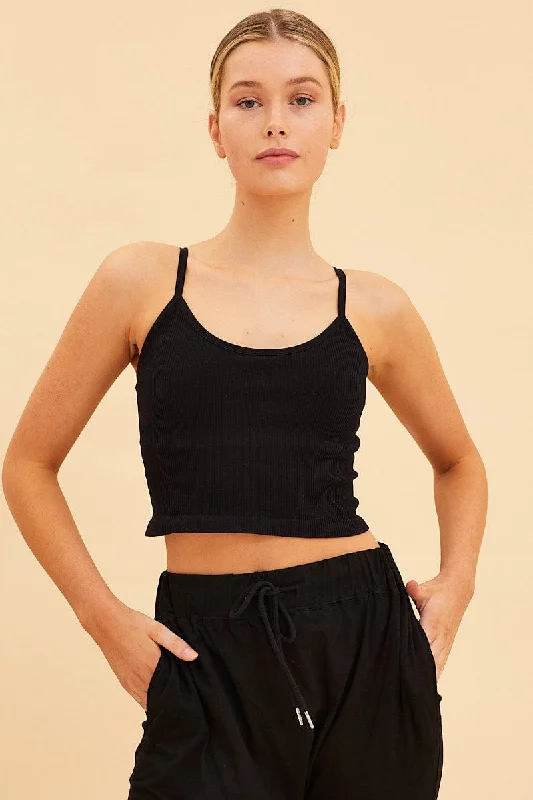 Black Seamless Singlet Top Scoop Neck Rib Crop