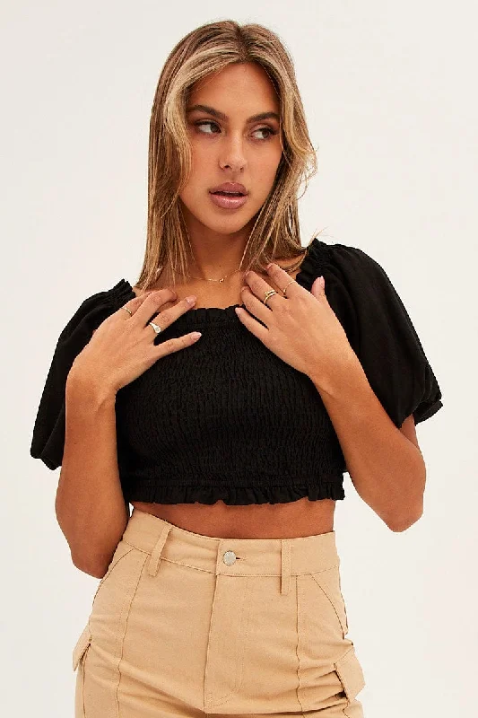 Black Shirred Top Volume Short Sleeve Crop Linen Blend