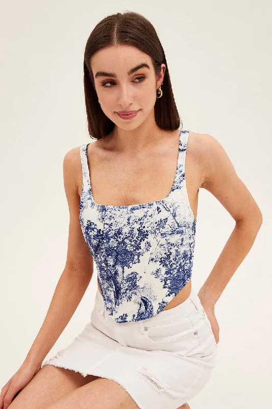 Blue Print Corset Top Sleeveless Square Neck Crop