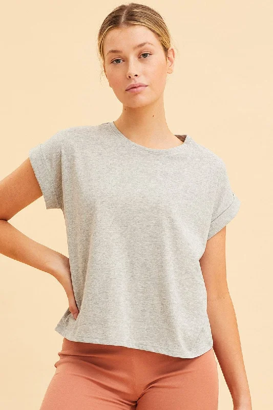 Grey Cropped T-Shirt Crew Neck Roll Sleeve Cotton