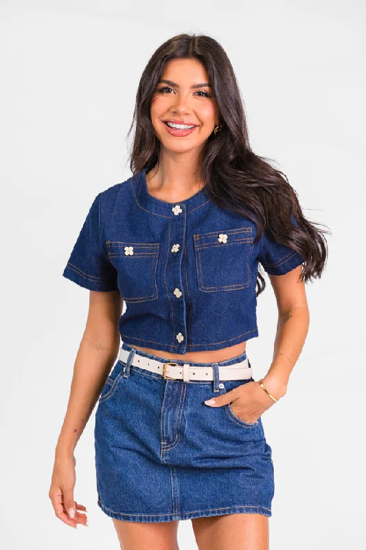 Little Details Dark Wash Denim Button Front Crop Blouse FINAL SALE