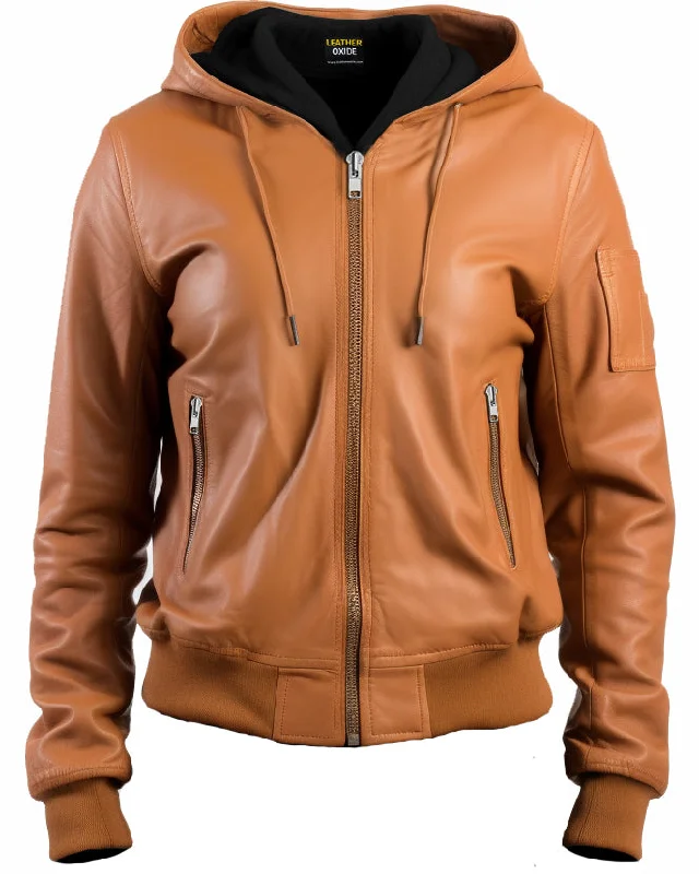 Leather Jacket Women Brown with Hood