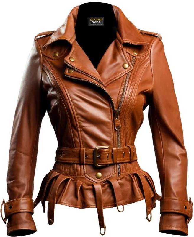 Women Assymetrical Brown Leather Jacket