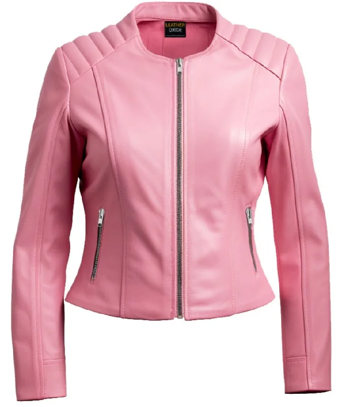 Women Biker Jacket Pink Faux Leather